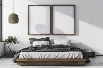 2 empty frames wall art in bedroom mock up.