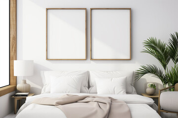 2 empty frames wall art in bedroom mock up.