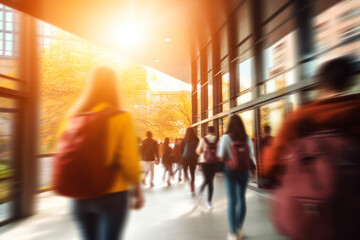Students walking to class in a university or college environment, Moving crowd motion blurred background