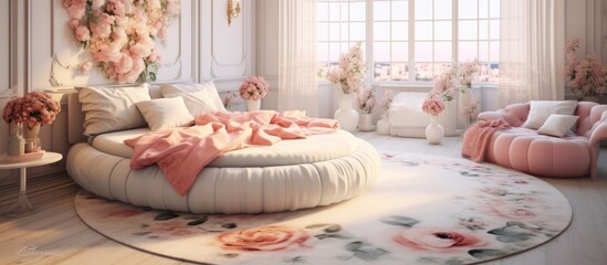 A bedroom featuring a round bed with a floral blanket and pink flowers adorning the wall. A feminine room with a round white rug on the floor and a sofa with decorative cushions.