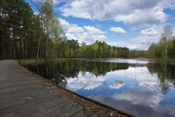 spring landscape with the river and blue sky