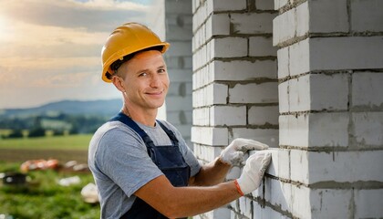 A bricklayer, mason wearing a helmet working at the unfinished house