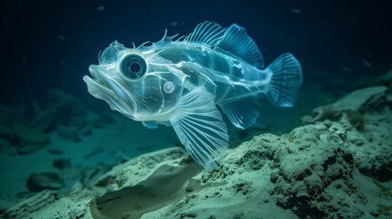 Fototapeta na wymiar Alien-like deep-sea fish with translucent skin near a hydrothermal vent