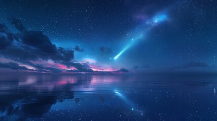 A breathtaking comet illuminating the sky above a calm ocean, its reflection shimmering in the water - obrazy, fototapety, plakaty