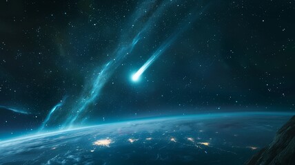 A brilliant comet streaking across a star-filled night sky, its tail illuminating the Earth below - Powered by Adobe