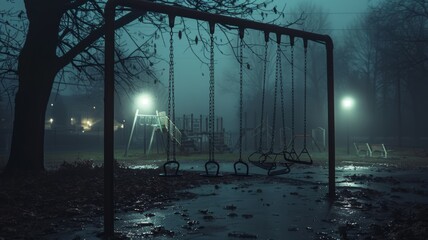 A chilling scene of an abandoned playground at night, with swings moving on their own - obrazy, fototapety, plakaty