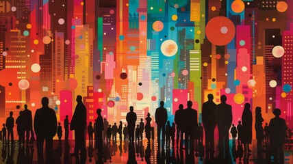 A conceptual artwork showing people of different backgrounds mingling in a cosmopolitan cityscape, representing the free flow of people - obrazy, fototapety, plakaty