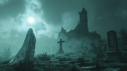 A ghost draped in a white cloak glides over a foggy cemetery, its presence sending a chill through the Halloween night air.