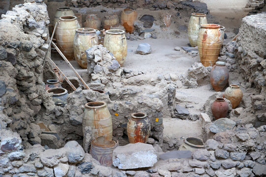 Amphorae at the Akrotiri Archaeological Site on the Greek Cyclades island of Santorini-Greece