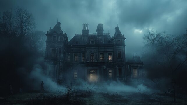 A dark, abandoned mansion enveloped in thick fog, with faint ghostly figures in the windows