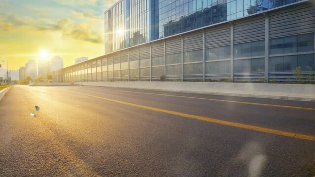 empty asphalt road with view of office buildings at dusk. Seamless looping 4k video animation.