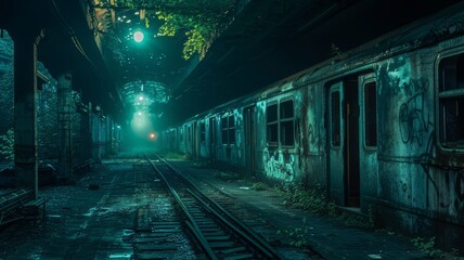 An eerie, abandoned subway station with phantom trains passing through in the night - obrazy, fototapety, plakaty
