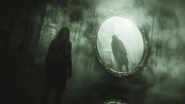 An old, cursed mirror that shows not your reflection but a spectral figure standing behind you