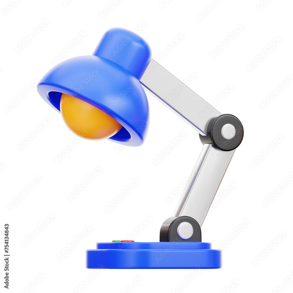 Poster 3d blue desk lamp model illuminating study desk. 3d illustration, 3d element, 3d rendering. 3d visua