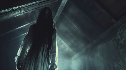 Terrifying long-haired female ghost in white, hovering in the attic of an old house