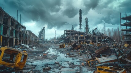 Twisted metal and collapsed structures in an industrial area following a nuclear event