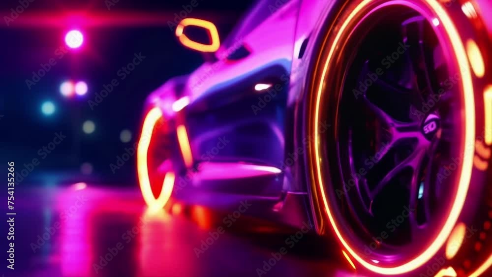 Poster a closeup view of a cars wheel as the neon lights around it switch from one color to another in sync