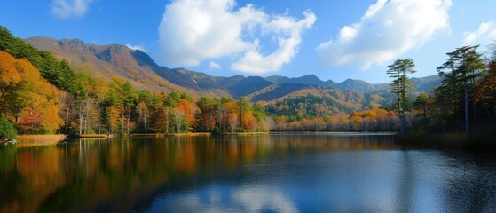 Naklejka premium Serene Lake with Autumn Foliage and Mountain Backdrop
