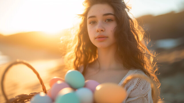 A gorgeous photo taken at sunset featuring a teenage girl carrying a basket filled with pastel-colored eggs, with the warm colors reflected in her eyes