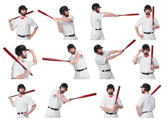 Fototapeta na wymiar Baseball player with bat on white background, set of photos