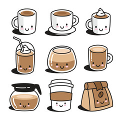 Cute coffee cup set collection kawaii illustration