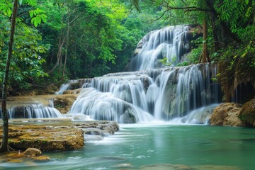 Fototapeta na wymiar Beautiful Landscape of Peaceful Waterfall in a Fresh Green Tropical Rain Forest with Mountains in the Background
