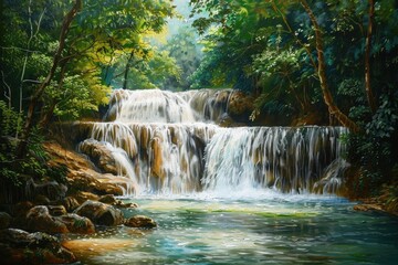 Obraz premium Beautiful Tropical Landscape of a Peaceful Waterfall in the Green Mountain Forest of Thailand