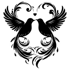 Fototapeta premium Birds fly to make a heart shape of love. hand drawing birth silhouette black outline art isolated on white background, vector illustration
