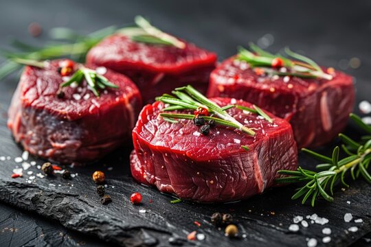Black Angus Beef Filet Mignon - Fresh, Raw Meat Steaks Seasoned with Rosemary, Pepper & Salt, Presented on a Dark Rustic Board