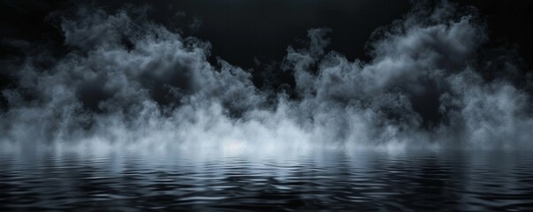 Dramatic scene of dense black fog over water at night with a spooky isolated smoke effect evoking fear and magic