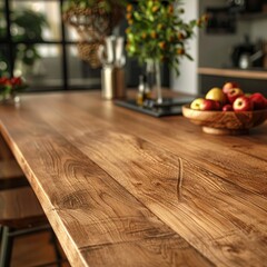 Elegant wooden kitchen counter with a blurred interior highlighting the texture and inviting warmth of home design