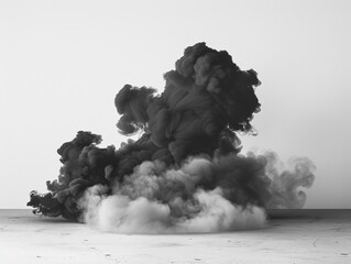 Isolated cloud of black smoke on a white floor offering a striking contrast perfect for atmospheric overlays