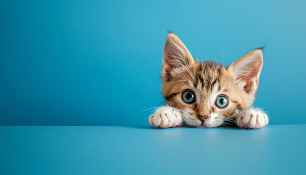 Adorable kitten with paws up peeking from behind a blue background symbolizing the joy of pet rescue