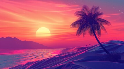 Fototapeta na wymiar Palm tree in warm shades against a dreamy lavenders sunset