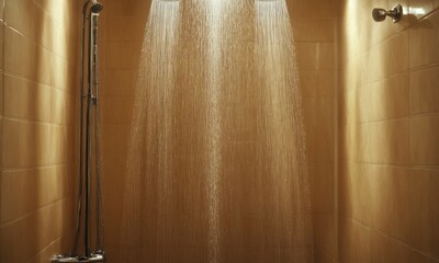 Shower in the bathroom with sunlight and shadow on the wall.