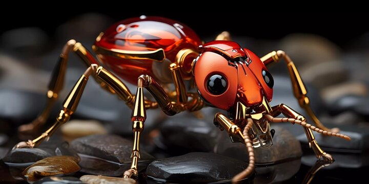 A robot bug with gold legs and a gold head