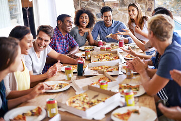 Group, friends and party with pizza, lunch and diversity for joy or fun with youth. Men, Women and fast food with drink, social gathering and snack for celebration or eating at italian pizzeria - obrazy, fototapety, plakaty
