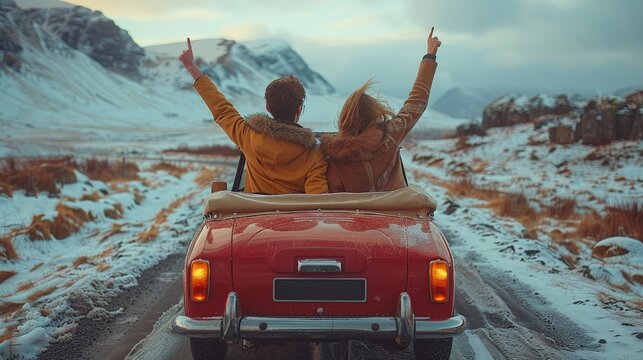 Beyond Imagination: Couple's Vacation Road Trip in a Convertible, Arms Raised