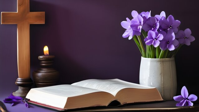 Capture the solemn beauty of Ash Wednesday with an artistic arrangement of purple flowers, an ash cross, and a Bible. Delicate and reflective imagery.