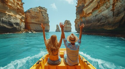 Unforgettable moments unfold as a couple drives along the ocean chore in a speedboat, raising their arms to the sunny sky - obrazy, fototapety, plakaty