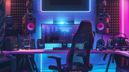Workspace gamer purple light neon futuristic cyberpunk AI Image Generative