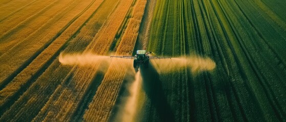 Tractor Spraying Fertilizer on Golden Field at Sunset