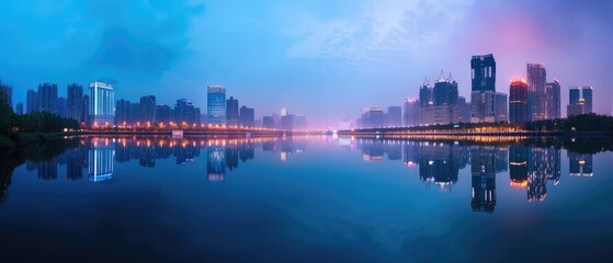 Obraz premium Twilight Reflections in Urban Waterfront Panorama