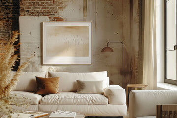 Frame mockup set in stylish living room, modern interior design, showcasing artwork or photography.