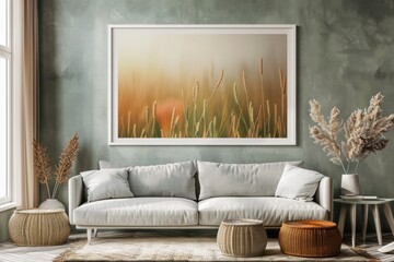 Frame mockup in stylish living room, showcasing artwork in contemporary setting.