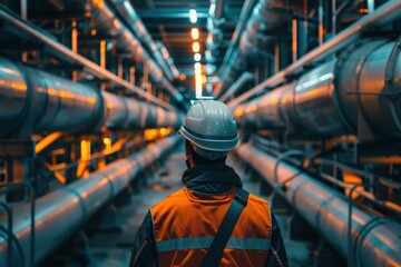 Industrial Engineer. Back view of an engineer in safety gear, surveying an expansive pipeline and pipe rack of an industrial plant, symbolizing progress. - obrazy, fototapety, plakaty