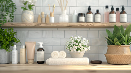 anoramic view of shelf with hygiene objects and beauty products with flowerpot in bathroom, generative ai
