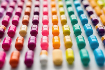 Close-up of antibiotic capsules arranged meticulously, symbolizing healthcare. - obrazy, fototapety, plakaty