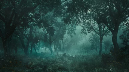 Papier Peint photo Matin avec brouillard trees in the forest