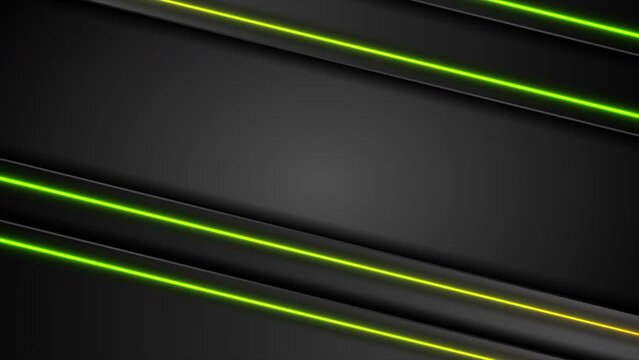 Black abstract striped background with green yellow neon lines. Seamless looping futuristic corporate motion design. Video animation Ultra HD 4K 3840x2160